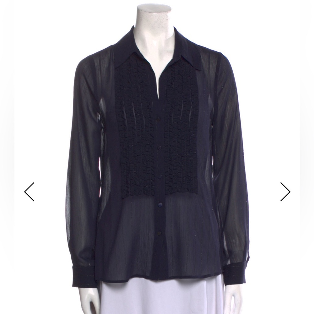 L’Agence Navy Blue Sheer Ruffle Tuxedo Style Blouse w hints of gold metallic